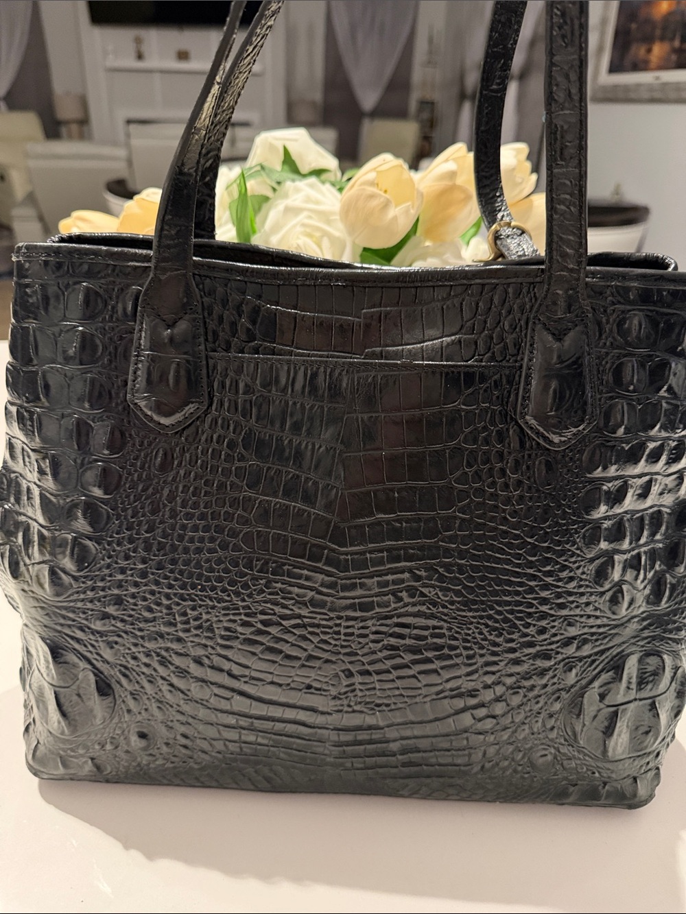 Brahmin Black Floral Embroidered Tote Bag with Red Tassel Charm - Picture 3 of 17